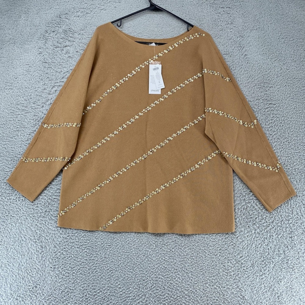 Chicos Sweater Womens 3 / XL Brown Diagonal Beaded‎ Neutral Knit Pullover Sequin